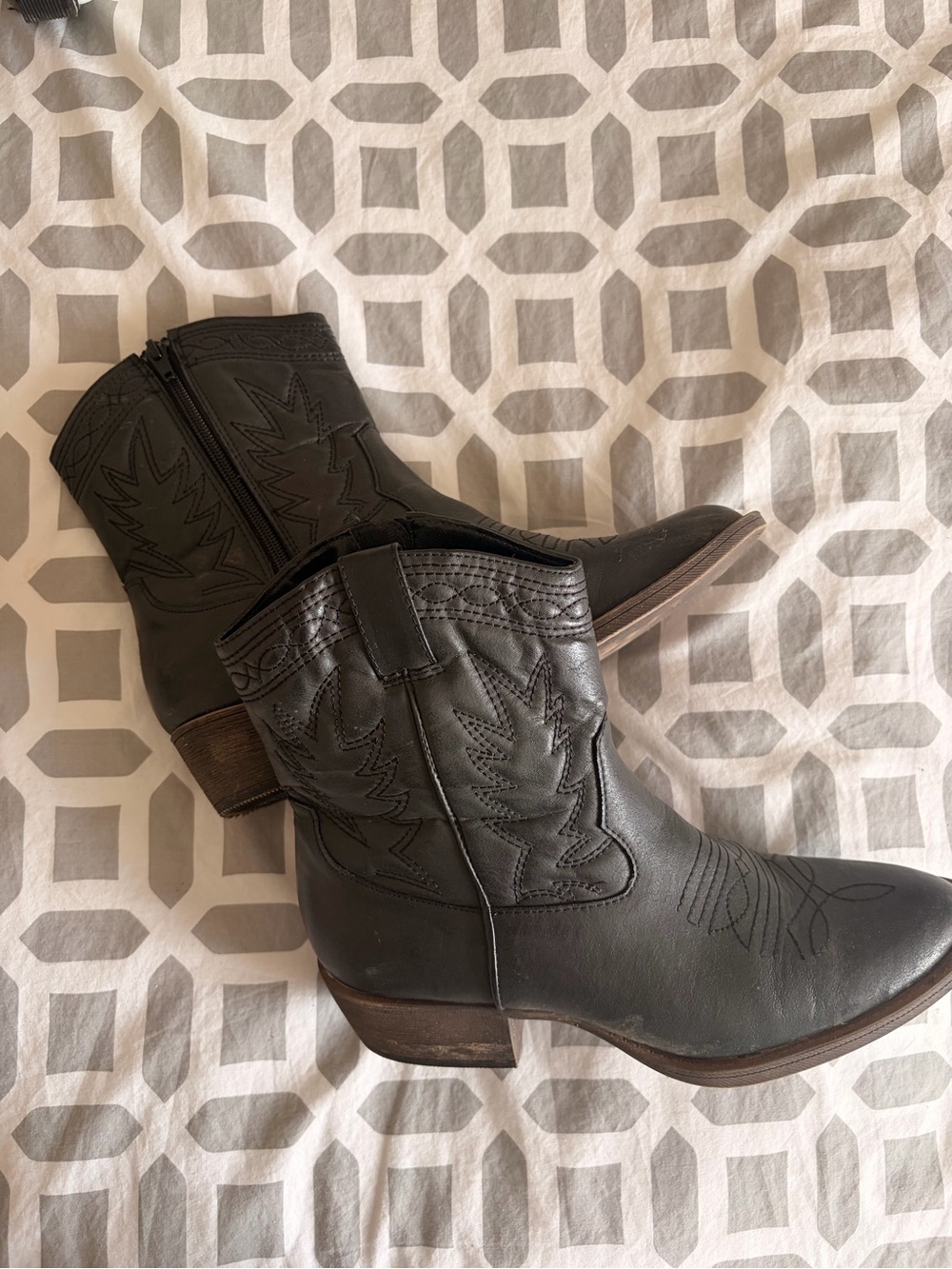 Black Embroidered Western Ankle Booties